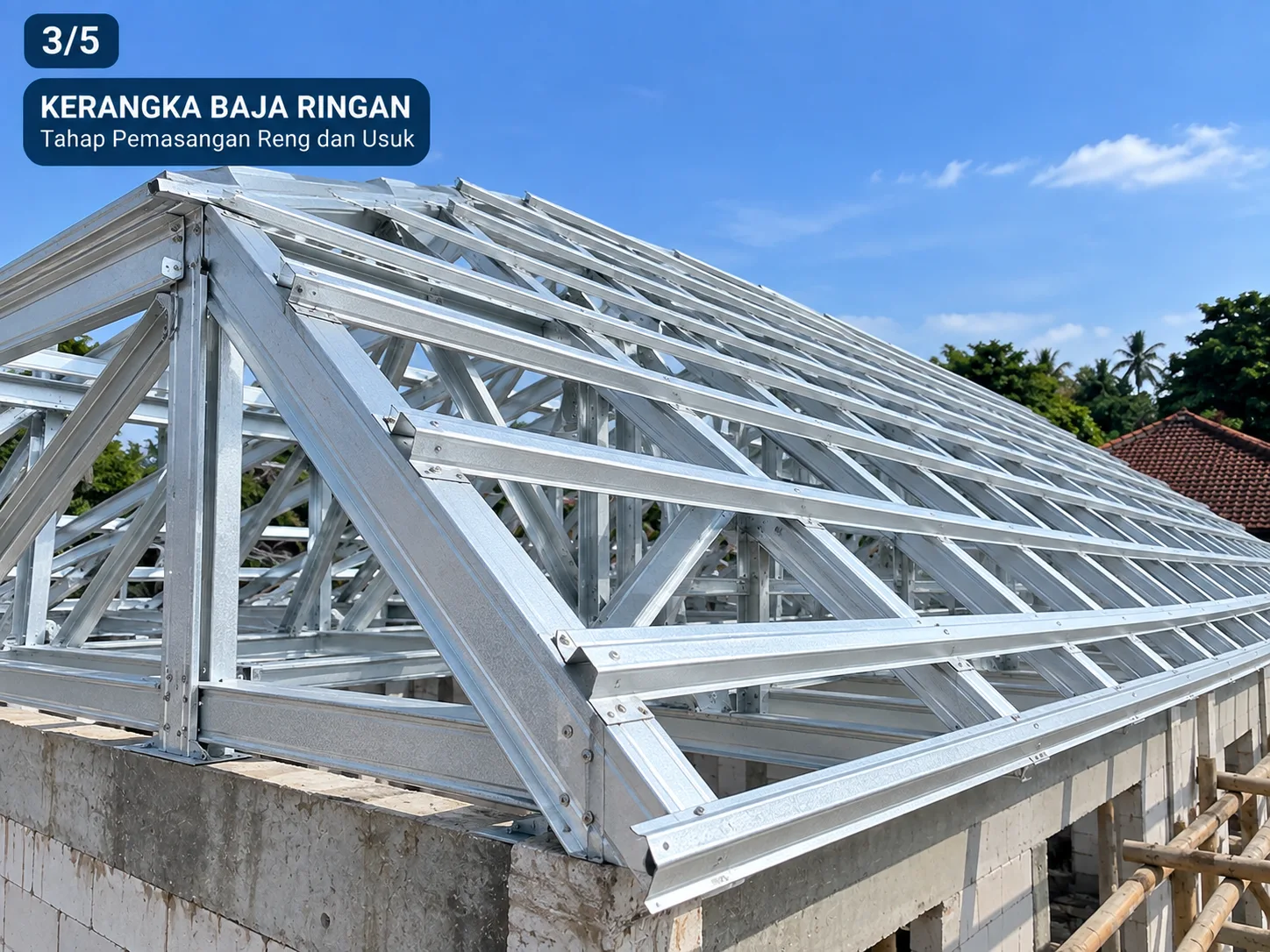 Kerangka baja ringan dan rangka atap tahap 3