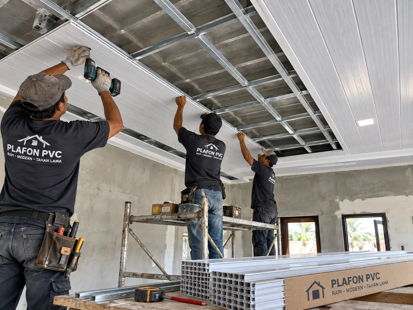 Proses pemasangan plafon PVC oleh tim pekerja